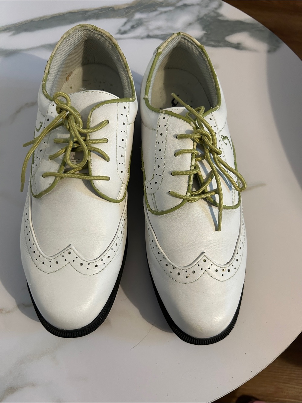 White Women's Golf Shoes with Green Trim